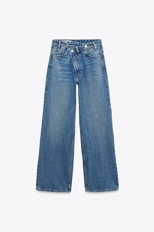 Jeans trf wide leg cintura cruzada tiro alto